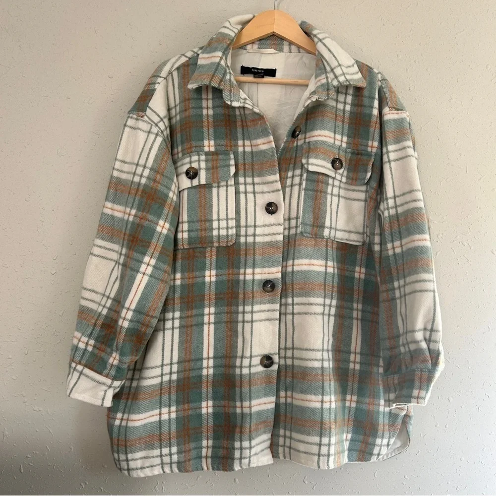 Forever 21 Cream Green Flannel Shacket Jacket Button Down Fall Comfy Oversized - Picture 1 of 6